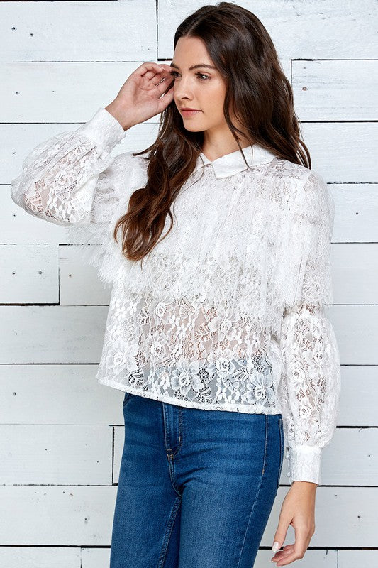 Ruffled Lace Blouse with Bowknot Detail