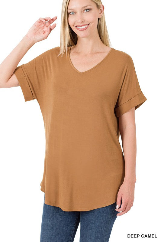 Luxe Rayon Short Cuff Sleeve V-Neck Round Hem Top.