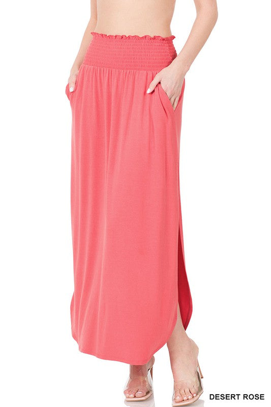 SMOCKED WAIST SIDE SLIT MAXI SKIRT WITH POCKETS