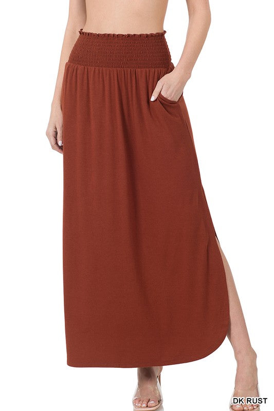 SMOCKED WAIST SIDE SLIT MAXI SKIRT WITH POCKETS