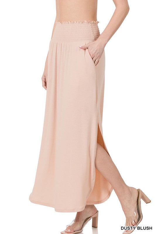 SMOCKED WAIST SIDE SLIT MAXI SKIRT WITH POCKETS