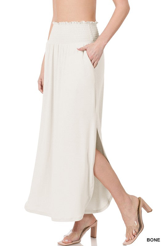 SMOCKED WAIST SIDE SLIT MAXI SKIRT WITH POCKETS