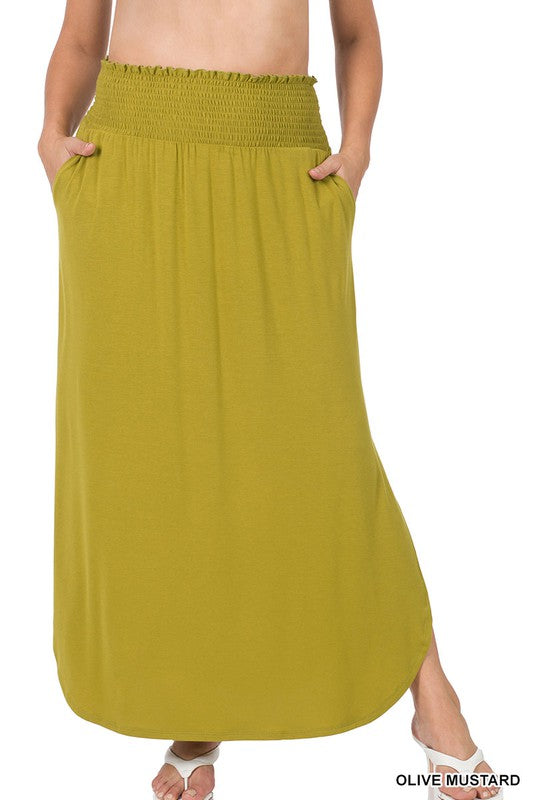 PLUS SMOCKED WAIST SIDE SLIT MAXI SKIRT