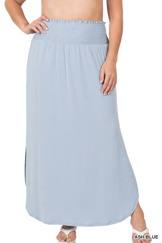 PLUS SMOCKED WAIST SIDE SLIT MAXI SKIRT