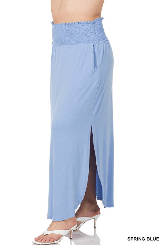 PLUS SMOCKED WAIST SIDE SLIT MAXI SKIRT