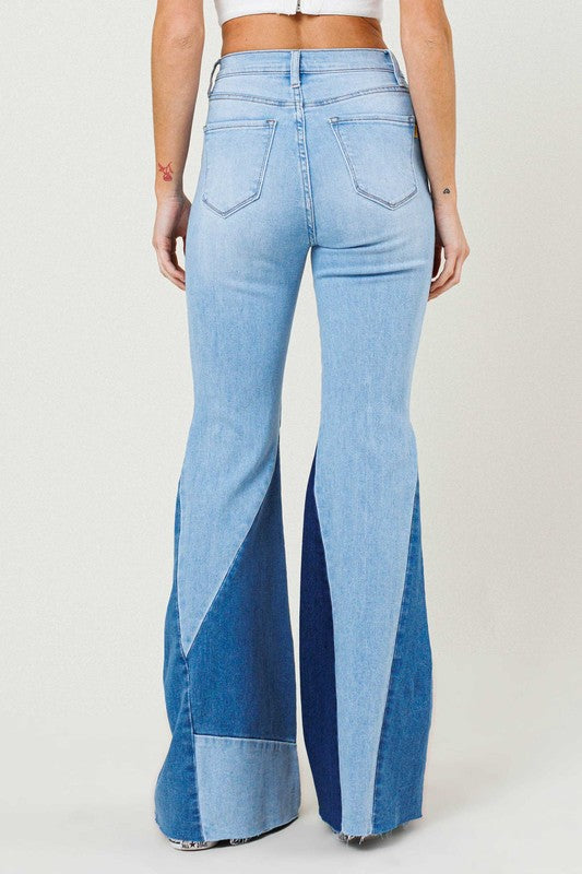 COLOR BLOCK SIDE SLIT FLARE JEANS