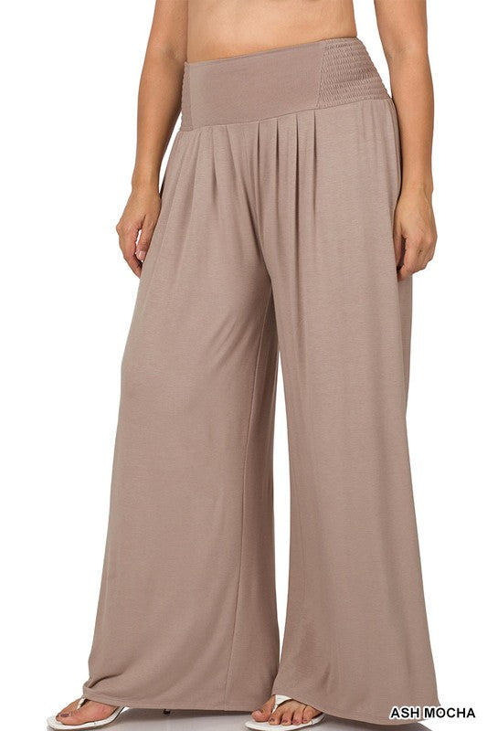 PLUS SMOCKED WAIST WIDE LEG PANTS