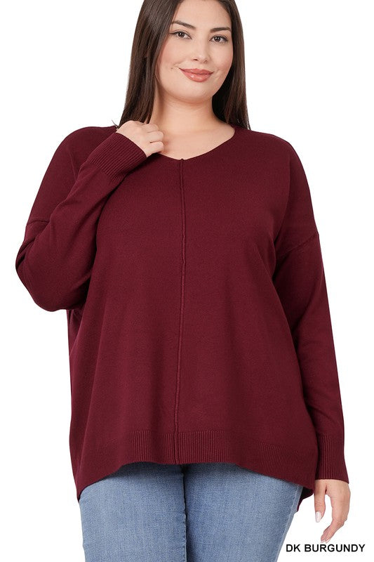 Plus High-Low Garment Dyed Front Seam Sweater