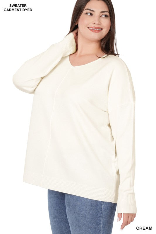 Plus High-Low Garment Dyed Front Seam Sweater