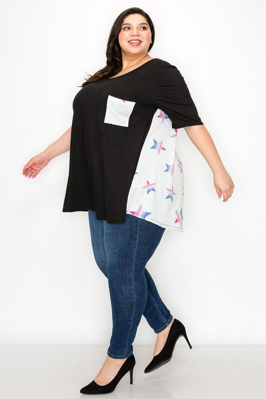 Extra plus print pocket tunic top with back detail