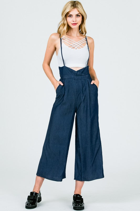 TENCEL SUPER WAIST SUSPENDER WIDE LEG CAPRI PANTS