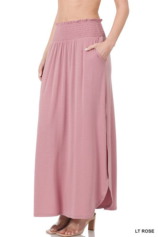 SMOCKED WAIST SIDE SLIT MAXI SKIRT WITH POCKETS