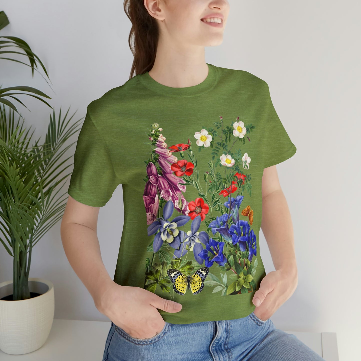 Wildflowers, Wildflowers from a Meadow, Wildflowers With Butterflies Unisex Jersey Short Sleeve Tee, BOHO, Cottagecore