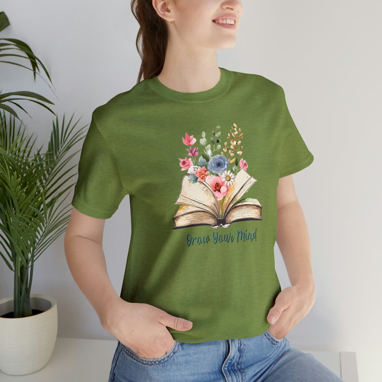 Unisex Jersey Short Sleeve Tee, Grow Your Mind Book and Flowers T-Shirt