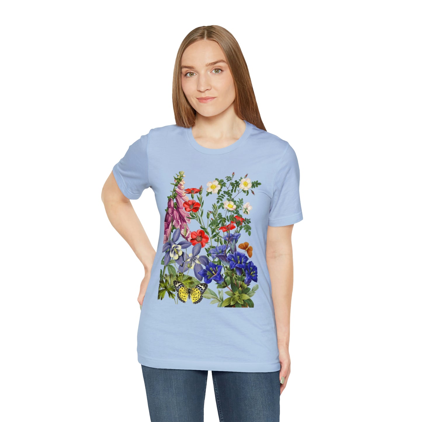 Wildflowers, Wildflowers from a Meadow, Wildflowers With Butterflies Unisex Jersey Short Sleeve Tee, BOHO, Cottagecore