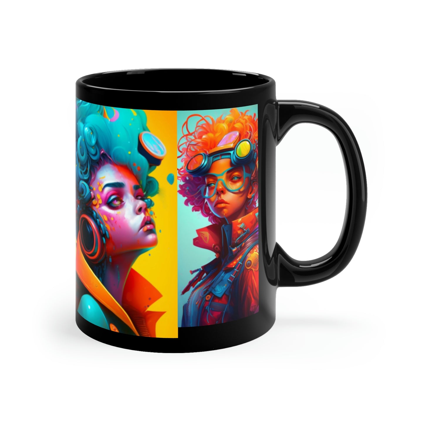 11oz Black Mug- Futuristic Artist and Painter Rocker Girl