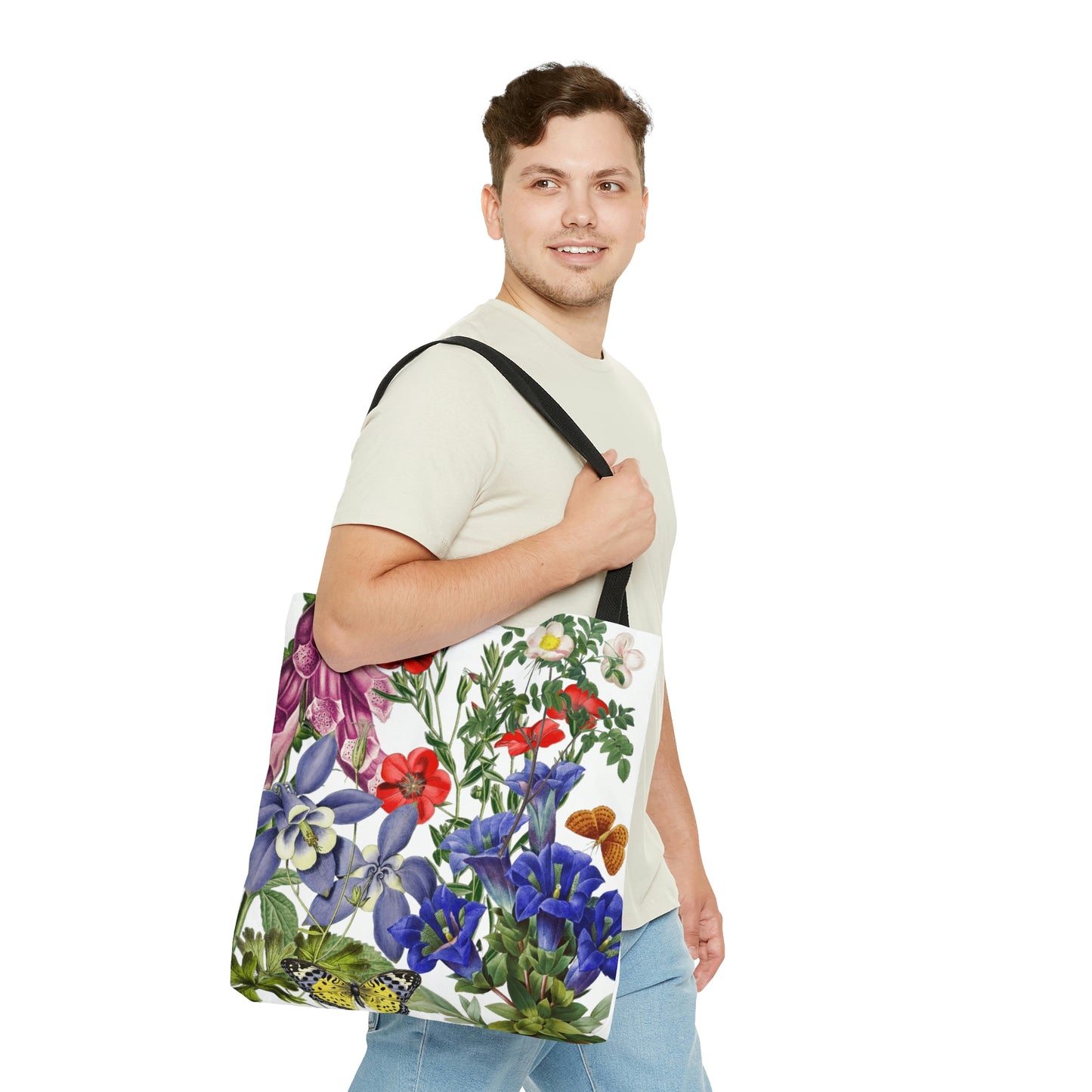 High Quality, All-Over Print Tote Bag, Flowers, Wildflowers, Flowers, Cottagecore, Garden, Foxglove, Wild Rose, Petunias