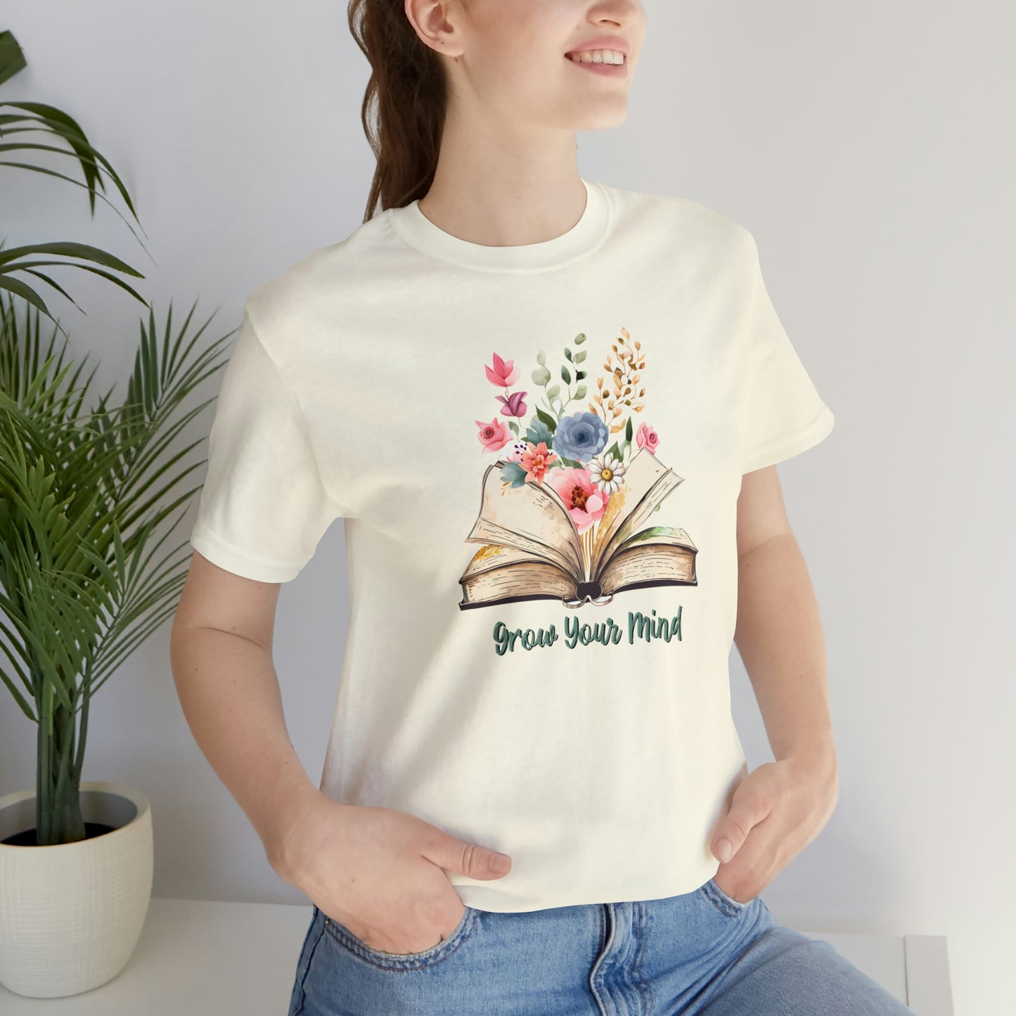 Unisex Jersey Short Sleeve Tee, Grow Your Mind Book and Flowers T-Shirt