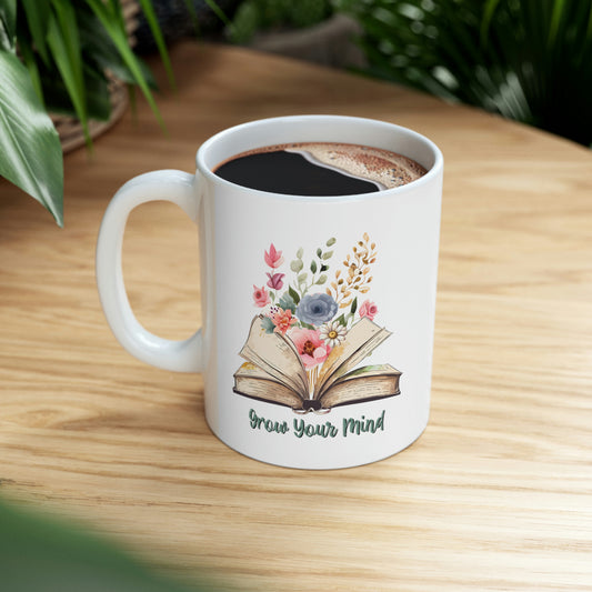 Ceramic Mug 11oz, Grow Your Mind Book and Flowers Coffee or Tea Mug Gift