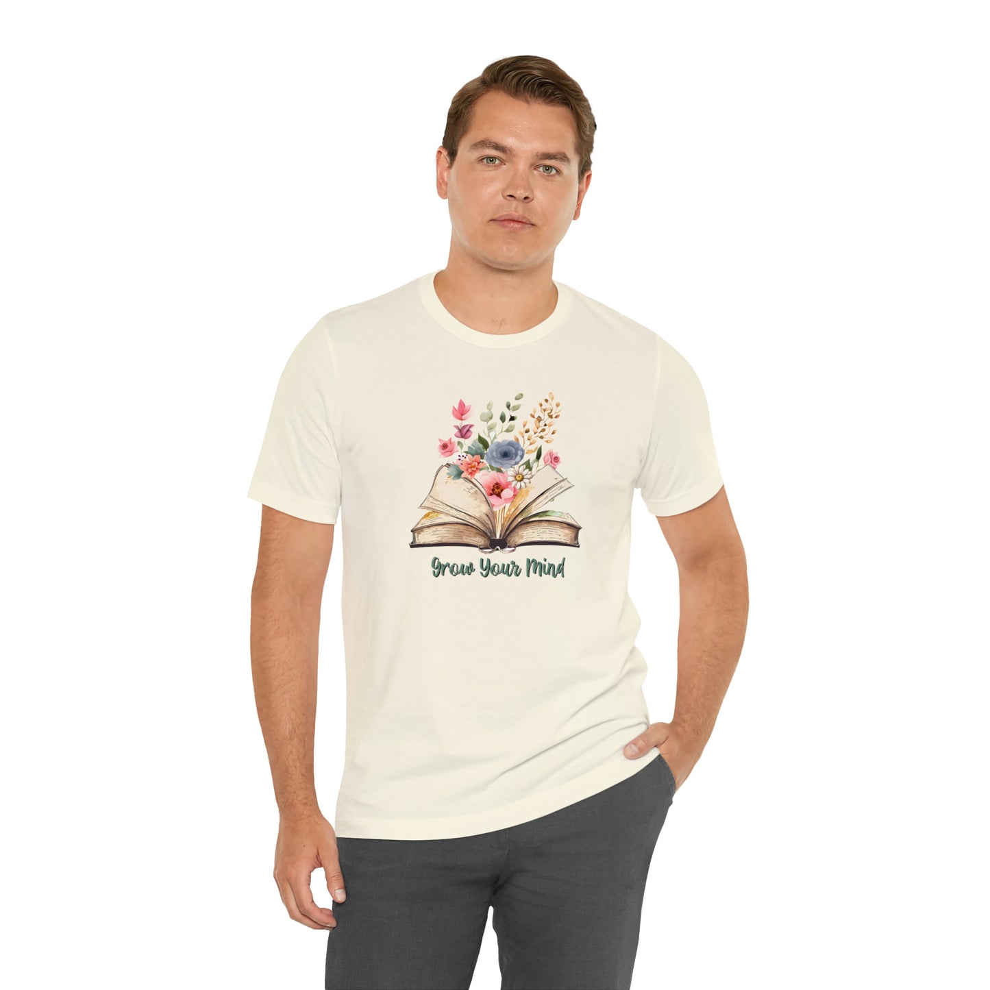 Unisex Jersey Short Sleeve Tee, Grow Your Mind Book and Flowers T-Shirt