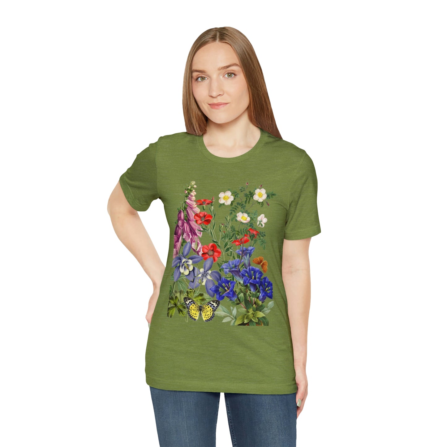 Wildflowers, Wildflowers from a Meadow, Wildflowers With Butterflies Unisex Jersey Short Sleeve Tee, BOHO, Cottagecore