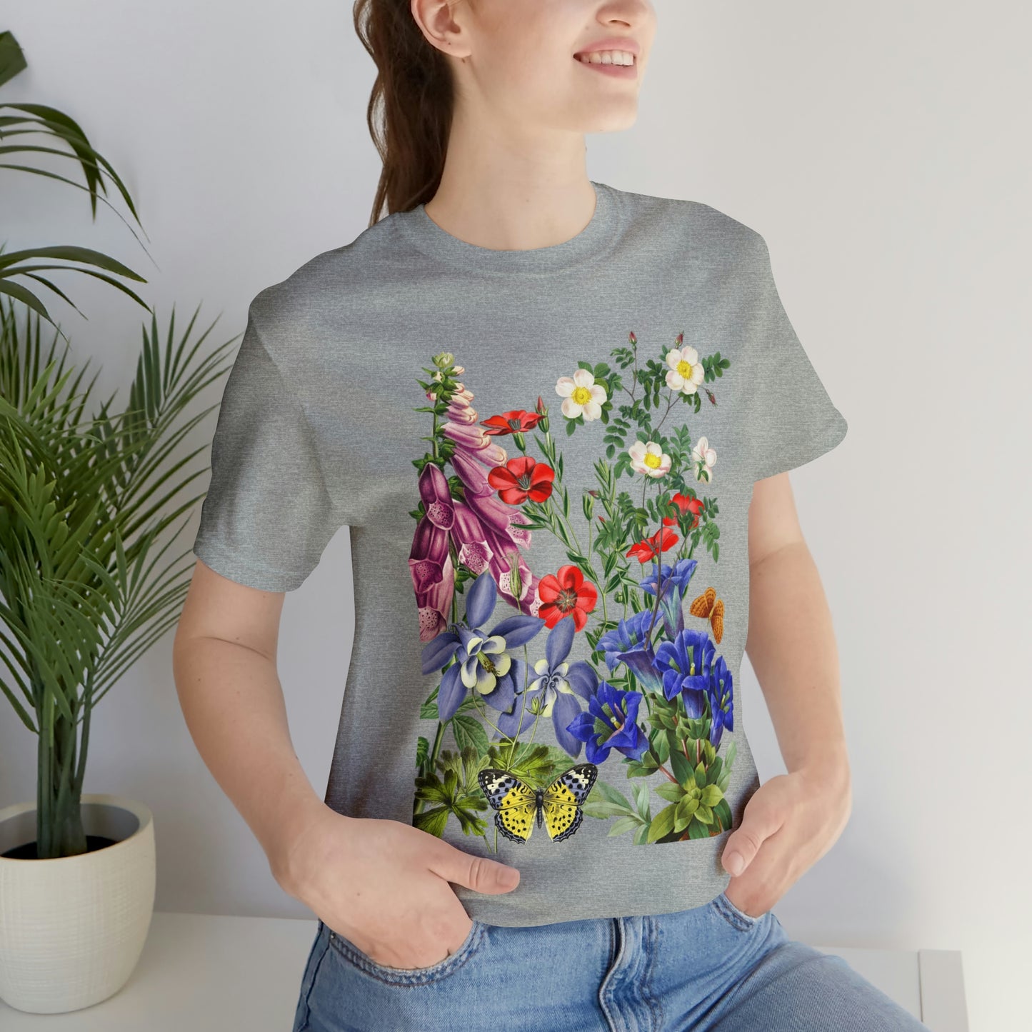 Wildflowers, Wildflowers from a Meadow, Wildflowers With Butterflies Unisex Jersey Short Sleeve Tee, BOHO, Cottagecore