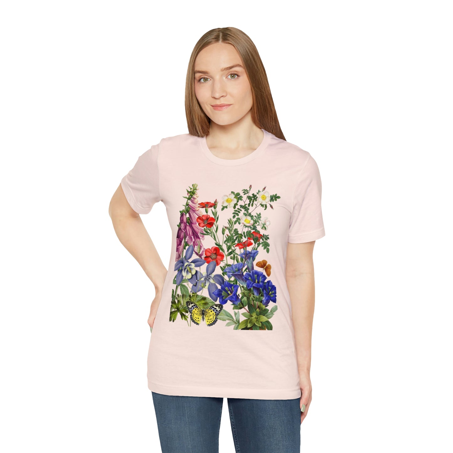 Wildflowers, Wildflowers from a Meadow, Wildflowers With Butterflies Unisex Jersey Short Sleeve Tee, BOHO, Cottagecore