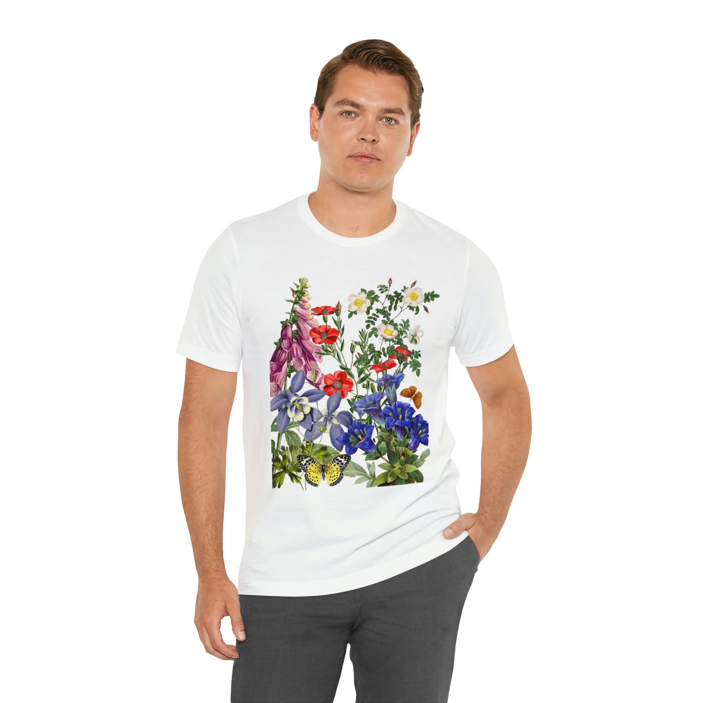 Wildflowers, Wildflowers from a Meadow, Wildflowers With Butterflies Unisex Jersey Short Sleeve Tee, BOHO, Cottagecore