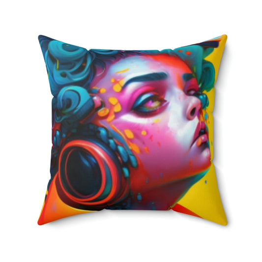 Spun Polyester Square Pillow- Futuristic Artist and Painter Rocker Girl