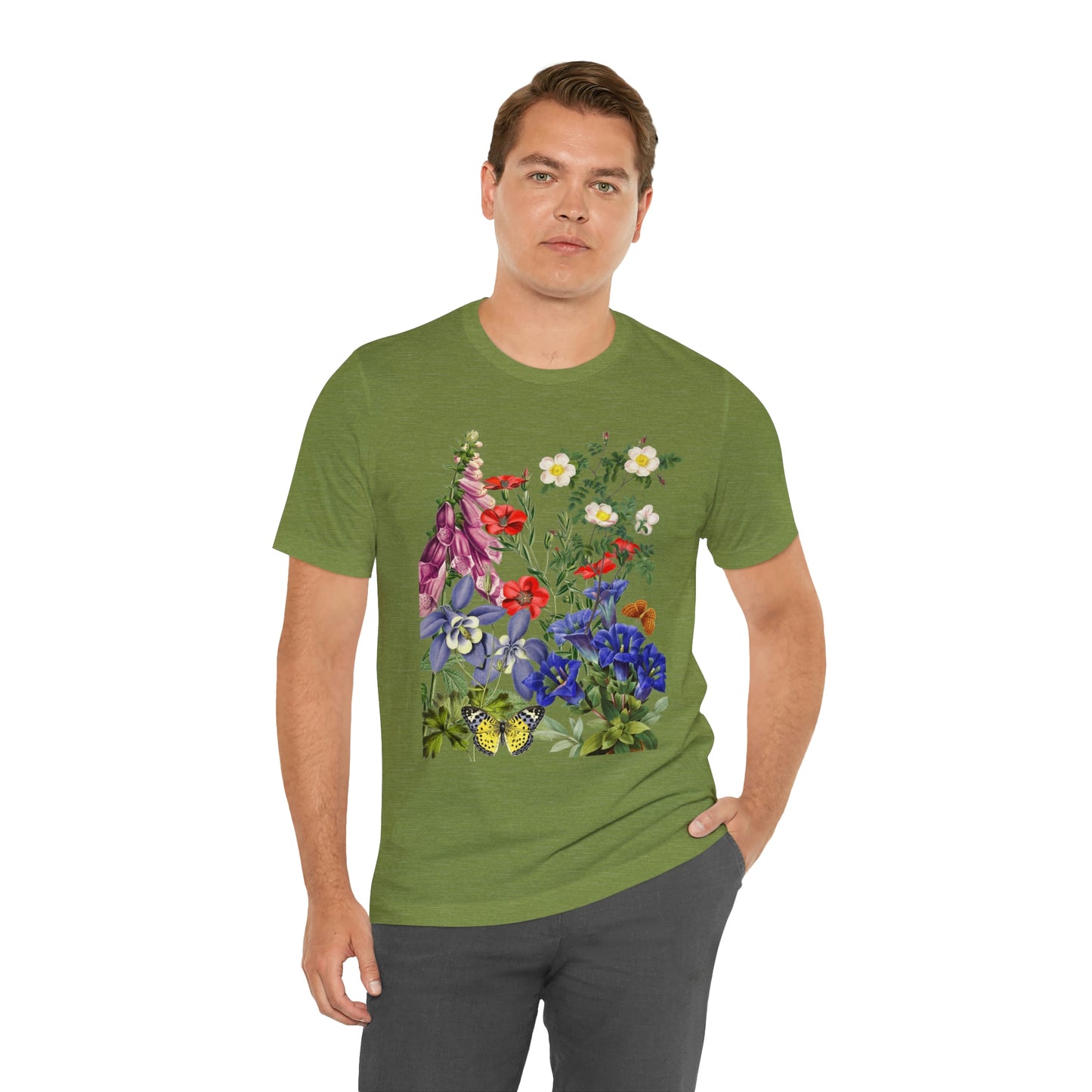 Wildflowers, Wildflowers from a Meadow, Wildflowers With Butterflies Unisex Jersey Short Sleeve Tee, BOHO, Cottagecore