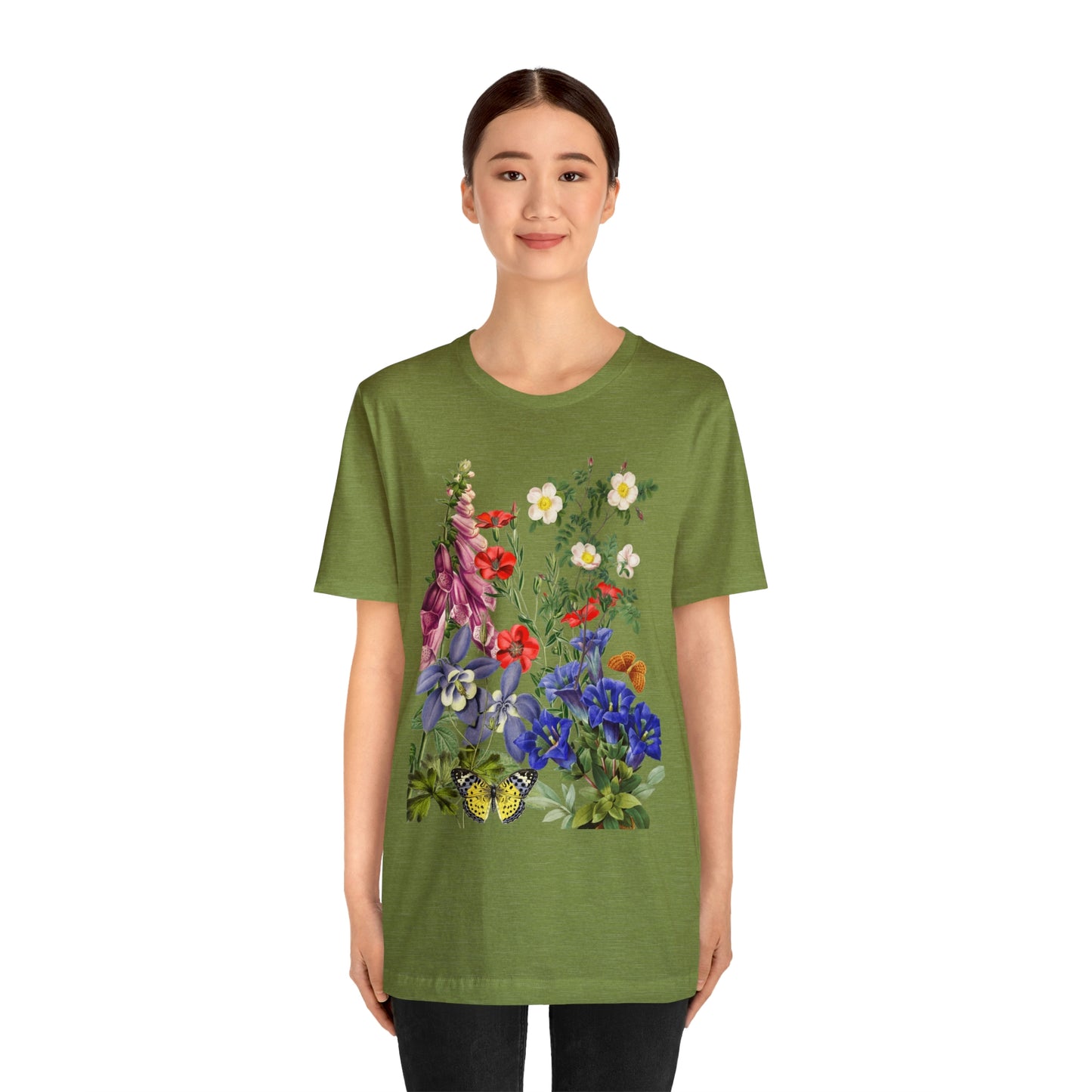 Wildflowers, Wildflowers from a Meadow, Wildflowers With Butterflies Unisex Jersey Short Sleeve Tee, BOHO, Cottagecore