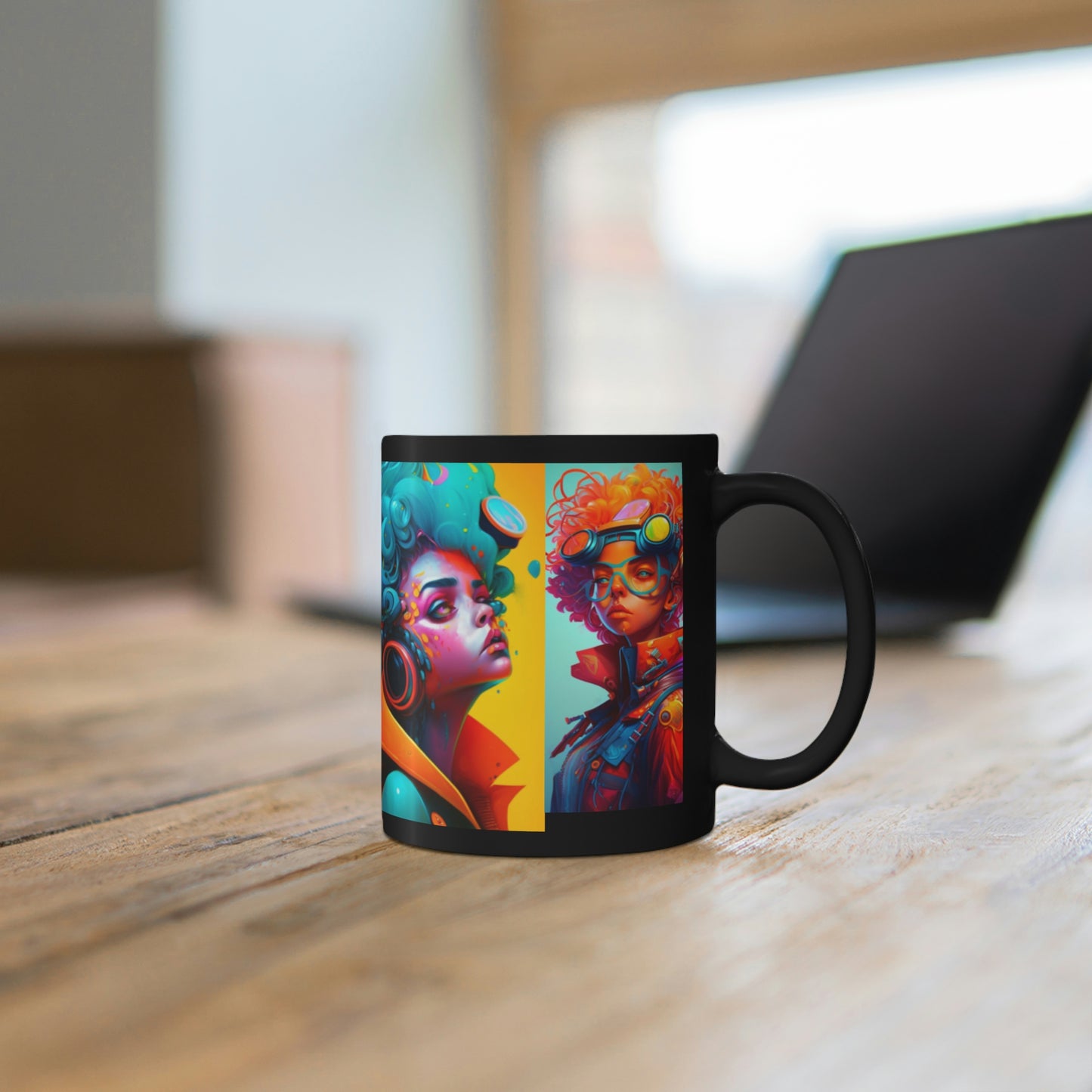 11oz Black Mug- Futuristic Artist and Painter Rocker Girl