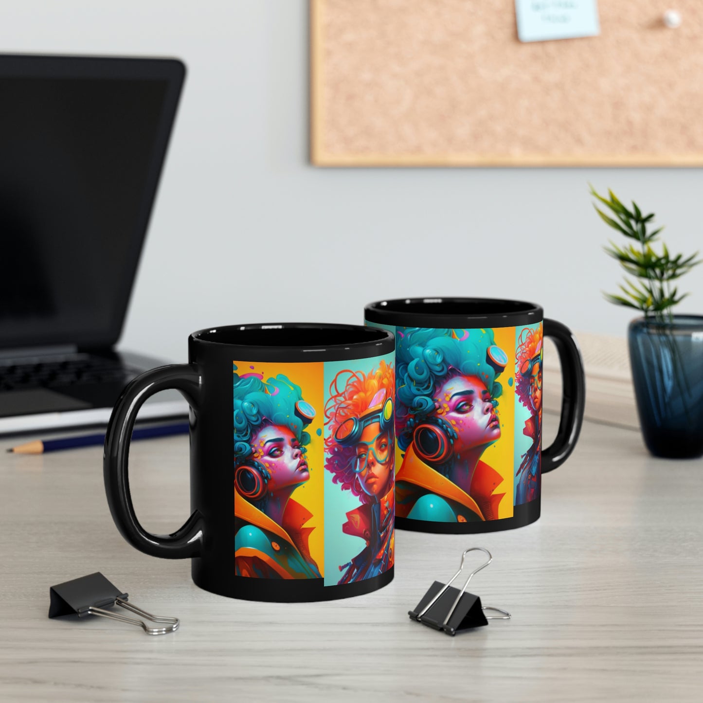 11oz Black Mug- Futuristic Artist and Painter Rocker Girl