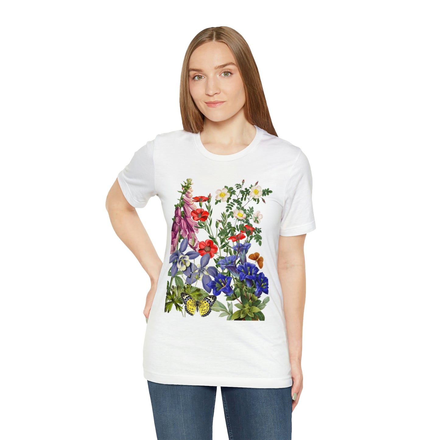 Wildflowers, Wildflowers from a Meadow, Wildflowers With Butterflies Unisex Jersey Short Sleeve Tee, BOHO, Cottagecore