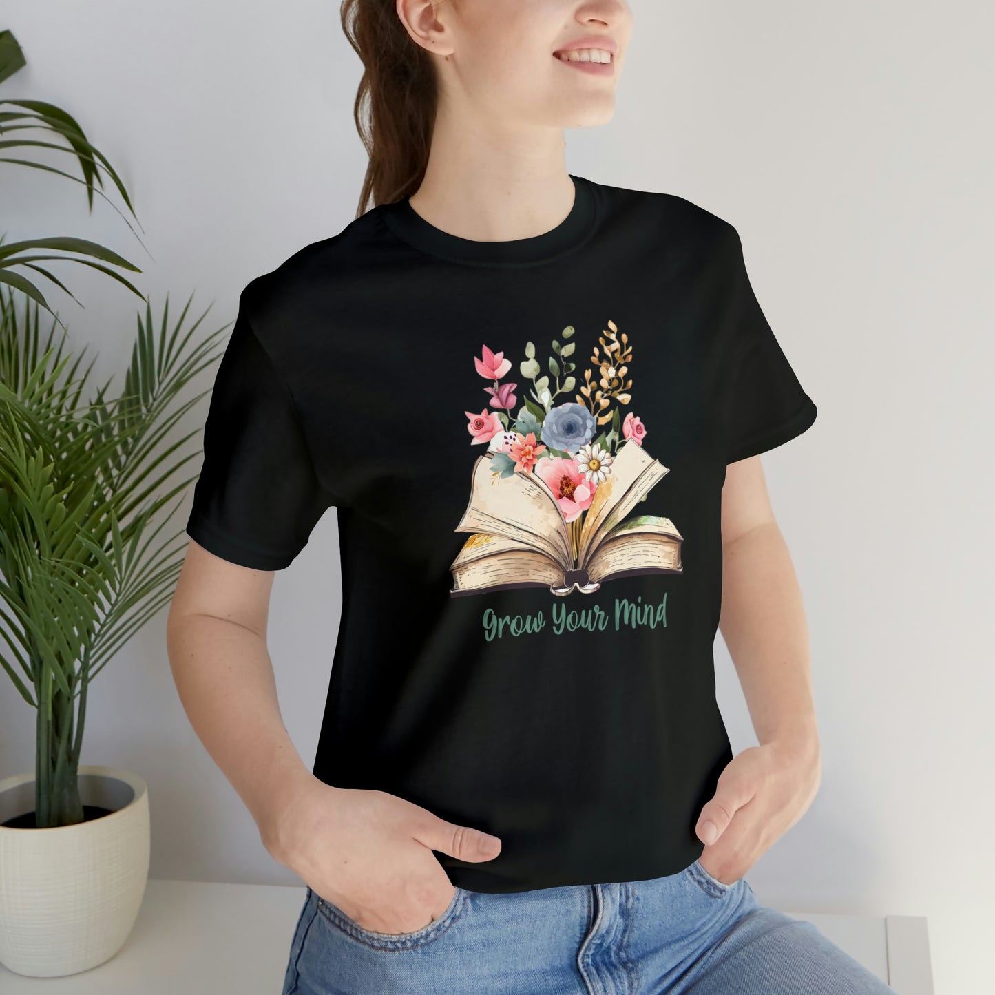 Unisex Jersey Short Sleeve Tee, Grow Your Mind Book and Flowers T-Shirt