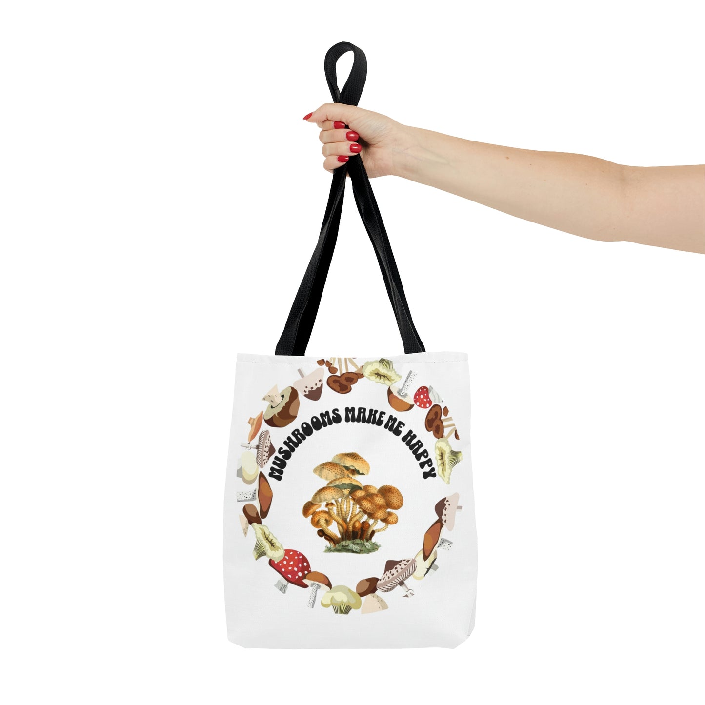 Mushrooms Make Me Happy Tote Bag, High Quality, All-Over Print Tote Bag, Mushrooms, Boho and Hippie Style