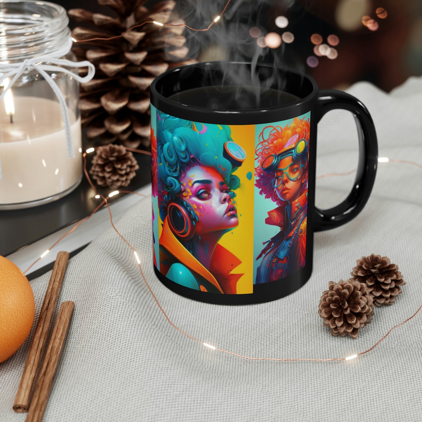 11oz Black Mug- Futuristic Artist and Painter Rocker Girl