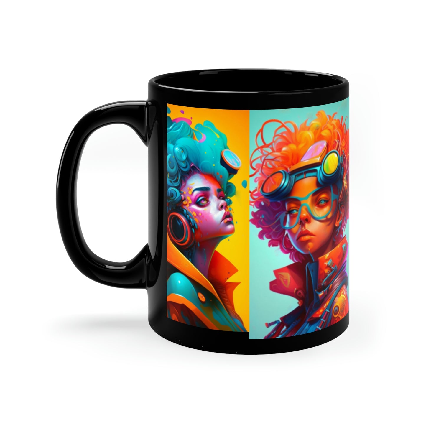 11oz Black Mug- Futuristic Artist and Painter Rocker Girl