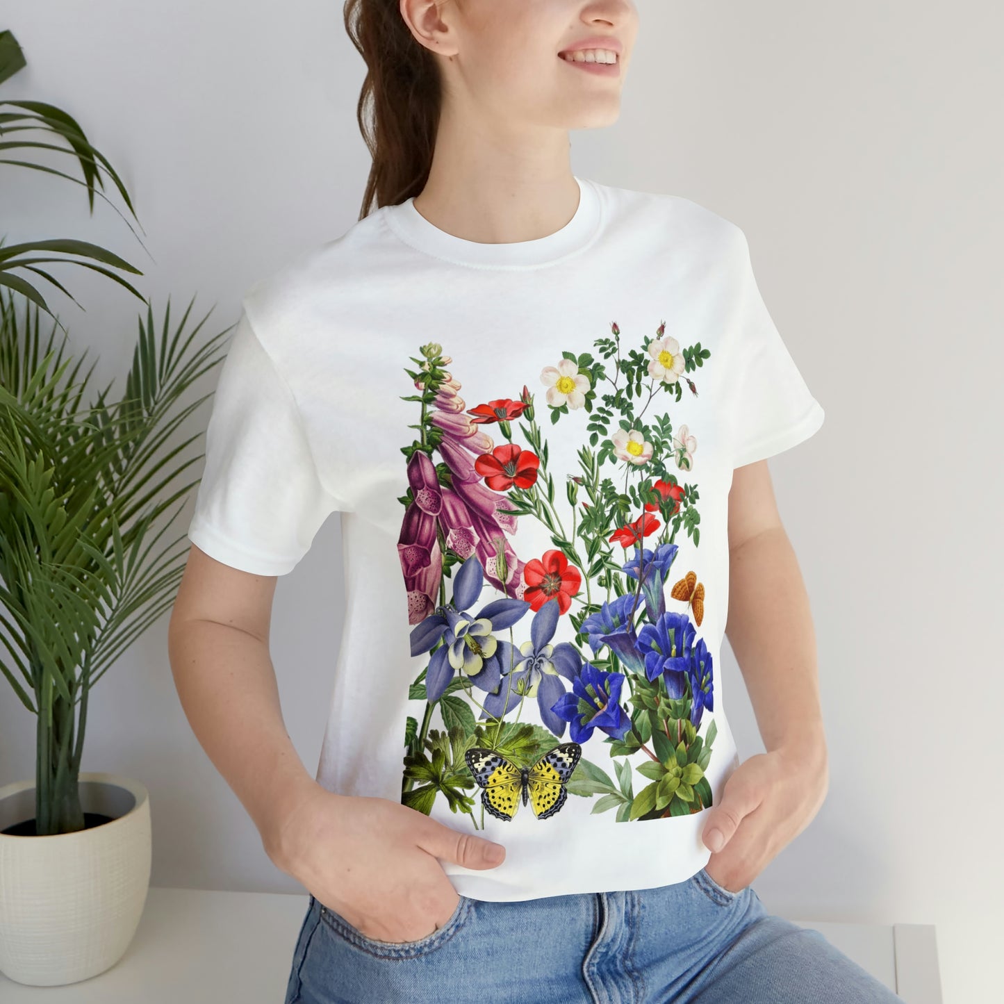 Wildflowers, Wildflowers from a Meadow, Wildflowers With Butterflies Unisex Jersey Short Sleeve Tee, BOHO, Cottagecore