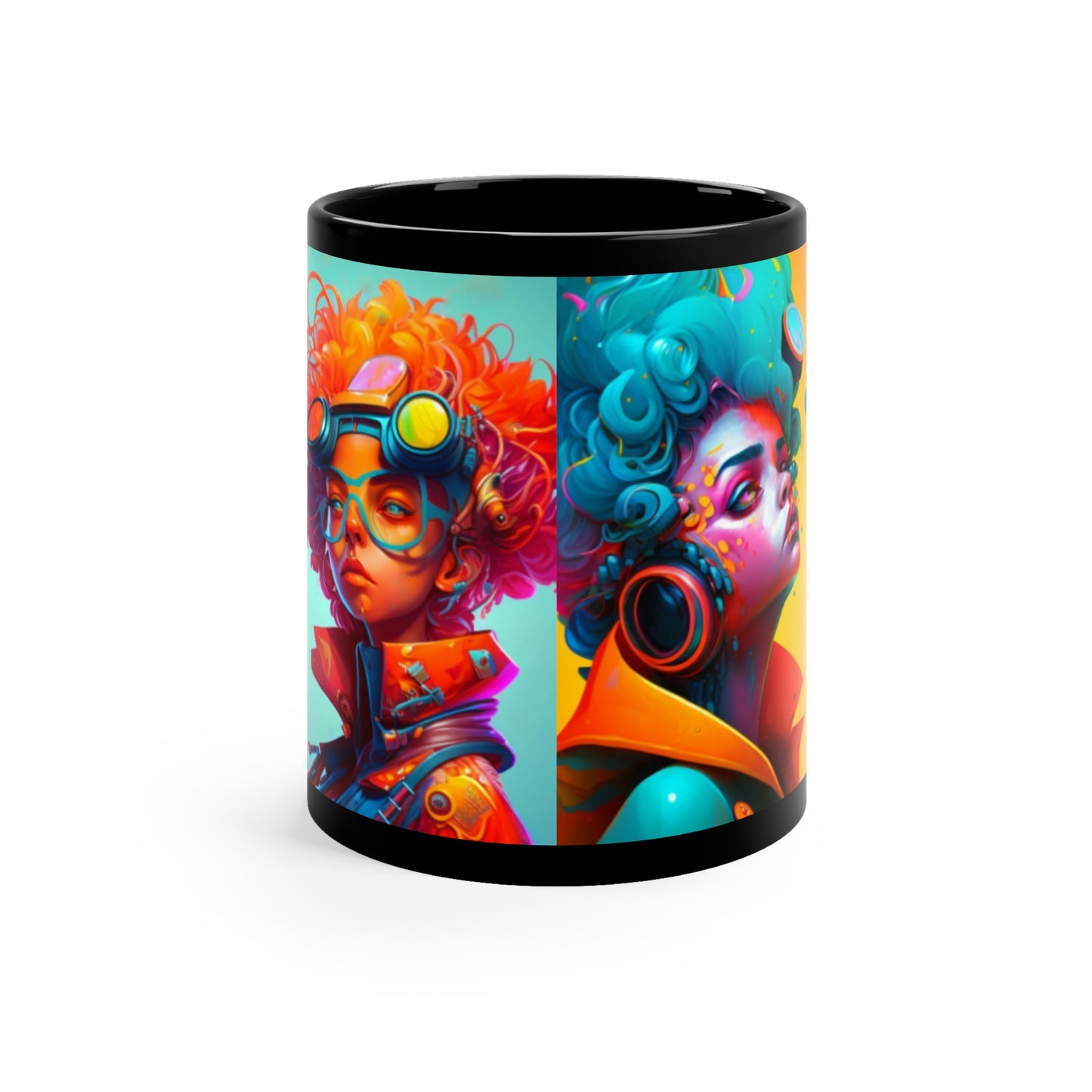 11oz Black Mug- Futuristic Artist and Painter Rocker Girl