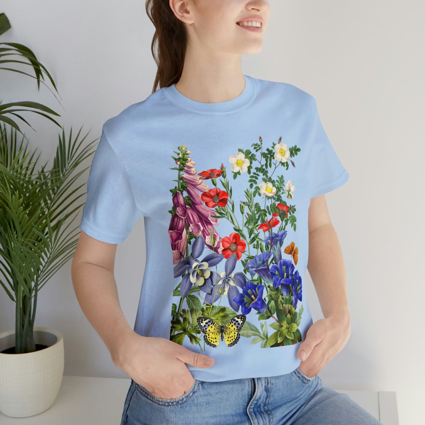 Wildflowers, Wildflowers from a Meadow, Wildflowers With Butterflies Unisex Jersey Short Sleeve Tee, BOHO, Cottagecore