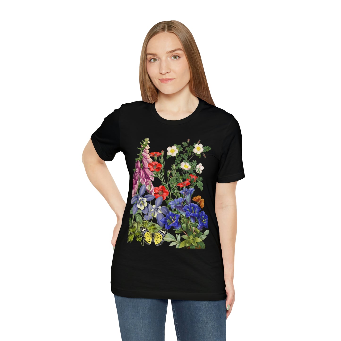 Wildflowers, Wildflowers from a Meadow, Wildflowers With Butterflies Unisex Jersey Short Sleeve Tee, BOHO, Cottagecore